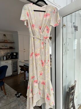 RACHEL Rachel Roy Cream Maxi Wrap Dress with Pink Floral
